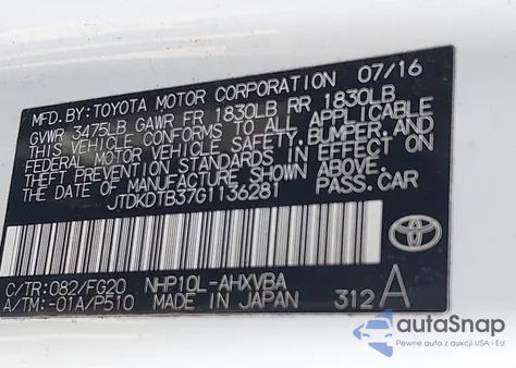 2016 Toyota Prius C Two from USA, damaged, VIN JTDKDTB37G1136281